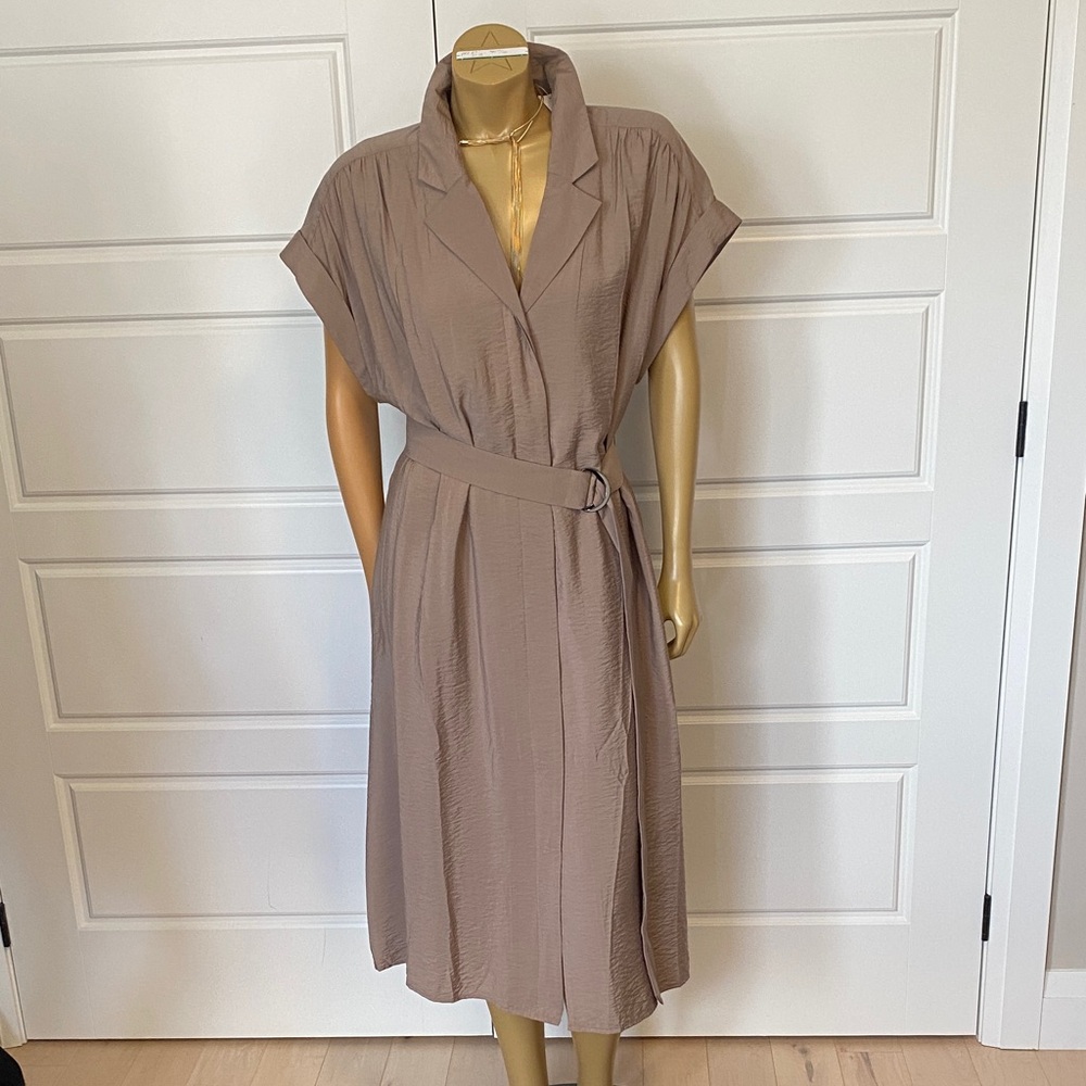 Reitmans Taupe Belted Faux-Wrap Midi Dress